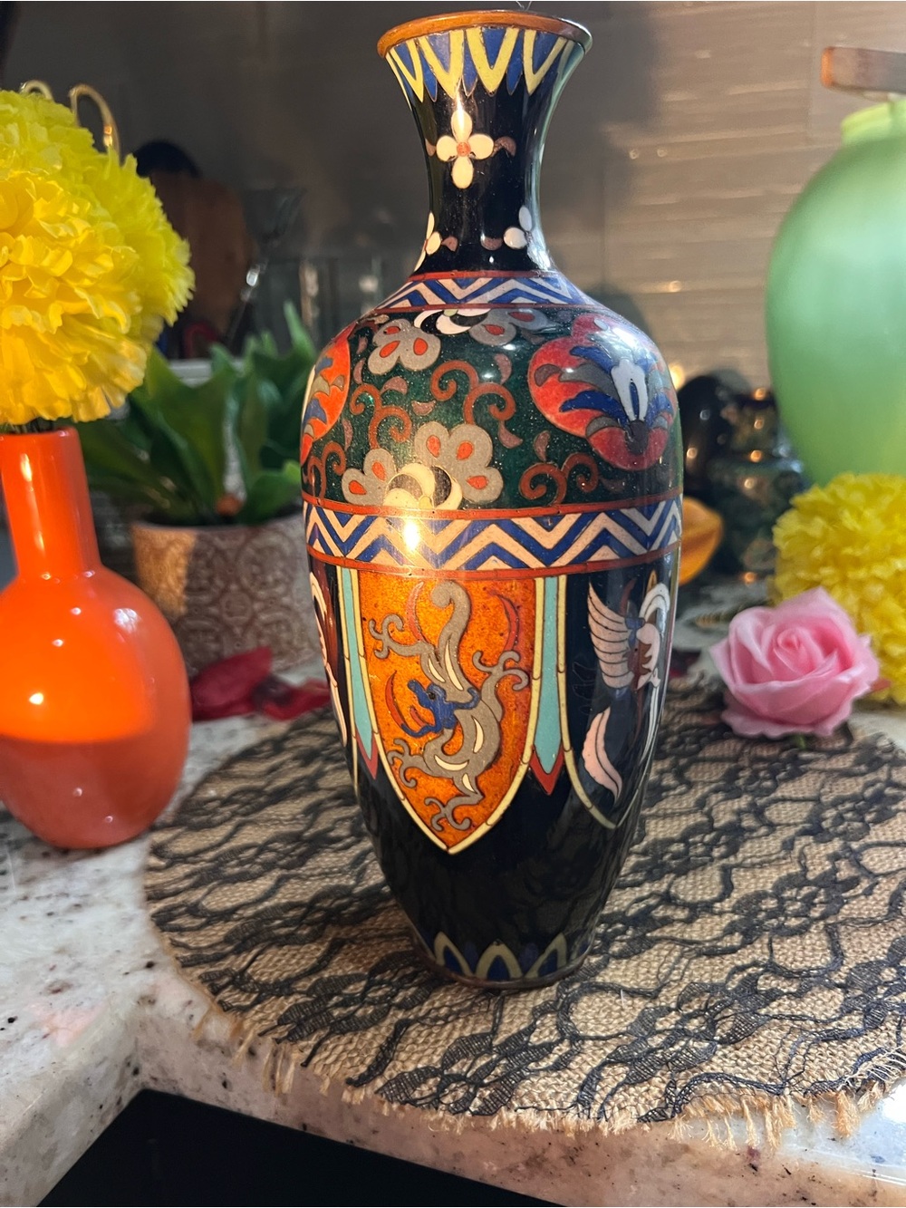 Antique Black Green Orange Cloisonné Vase no flaws